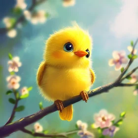 Spring Chick Perched on Floral Branch