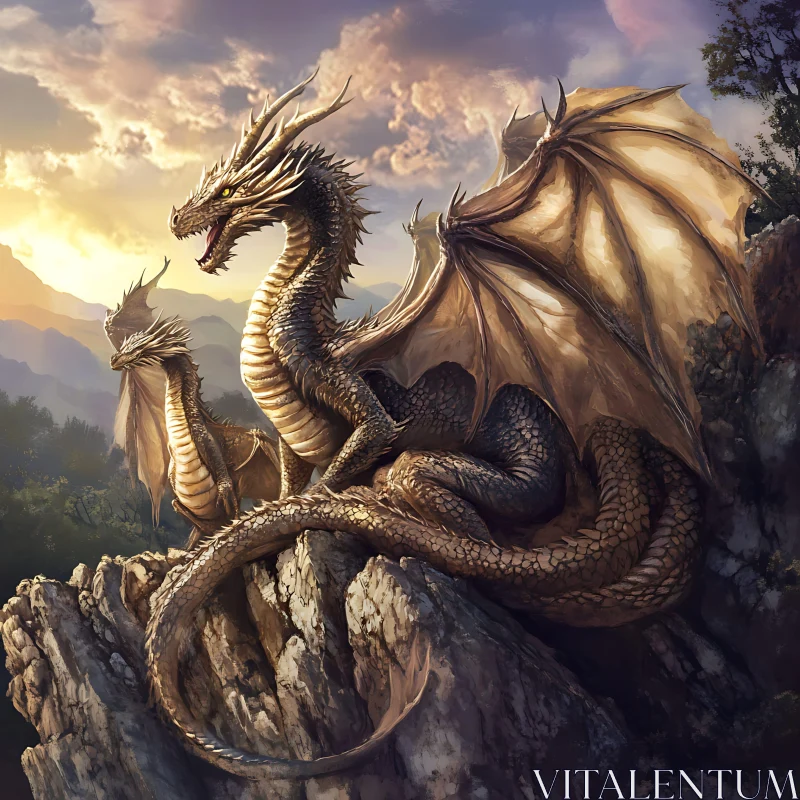 Fantasy Dragons on Rocky Outcrop AI Image