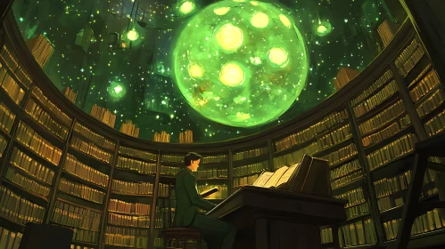 Magical Library with Glowing Sphere