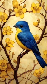 Blue Bird and Yellow Flower Art