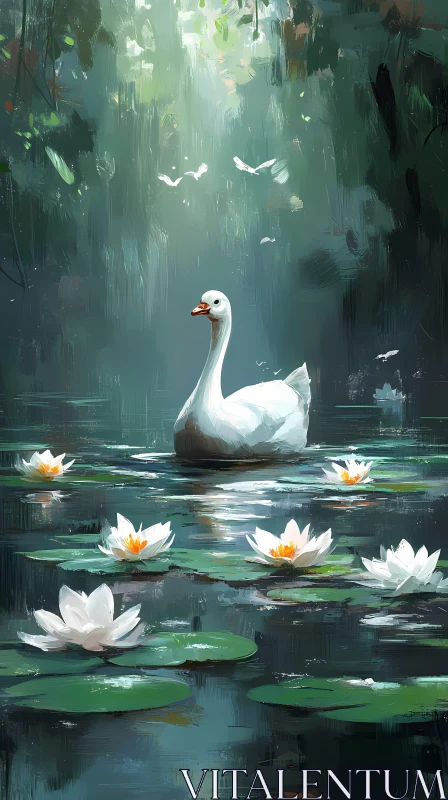 Swan Amidst Blooming Water Lilies AI Image