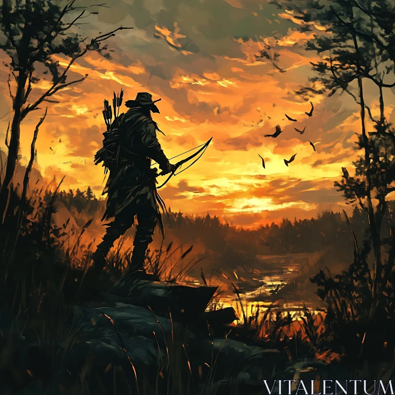 Sunset Silhouette: Hunter with Bow AI Image