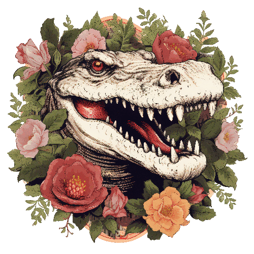 POD Design Artistic Interpretation of a Dinosaur Skull Amidst Floral Bloom