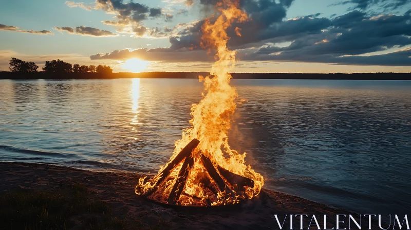 Serene Lakeside Bonfire at Dusk AI Image