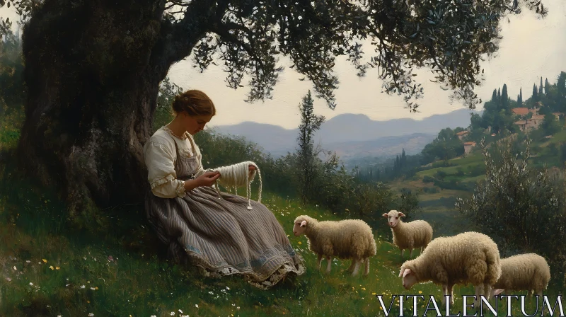 AI ART Woman Spinning Wool Under Tree