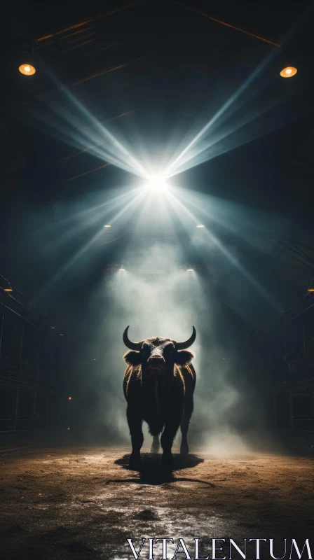 Bull in Dim Lit Arena - A Blend of Industrial Themes and Traditions AI Image