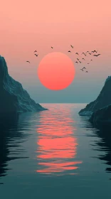 Sunset Seascape with Birds Silhouette