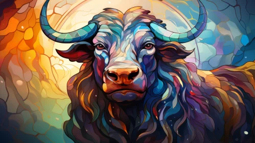 Colorful Bull in Stained Glass Style - Fantasy Realism Art