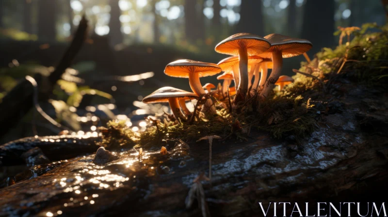 Golden Sunlit Mushrooms in Forest: A Close-Up View AI Image
