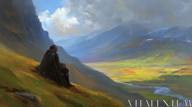Man Sitting on Hilltop, Gazing at Serene Valley AI Image