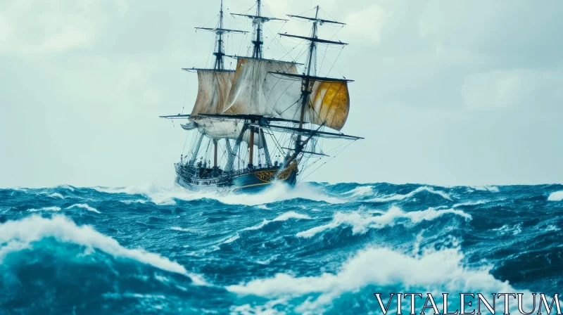 Powerful Painting of a Sailing Ship on a Turbulent Sea AI Image
