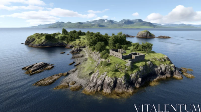 Romantic Ruins on a Grassy Island - A Coastal View AI Image