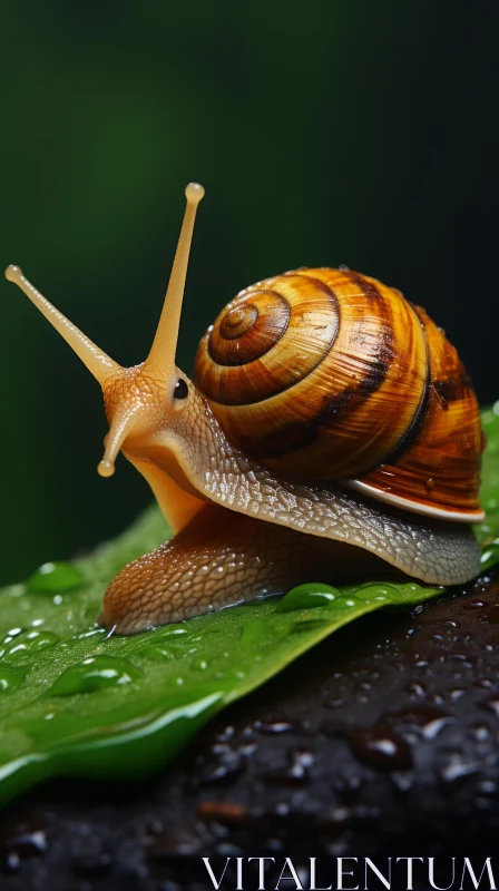 Small Snail on Leaf with Water Drops - Nature Art AI Image
