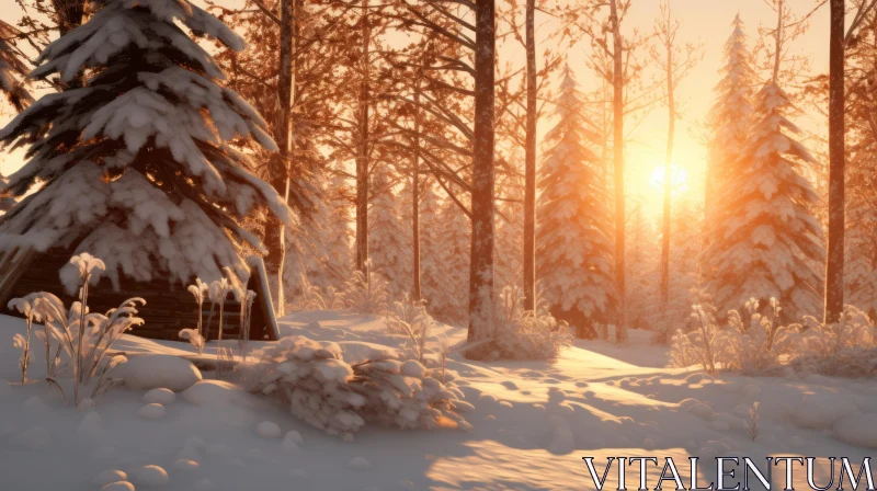 Snow-Covered Forest at Dawn - A Cabincore Winter Scene AI Image