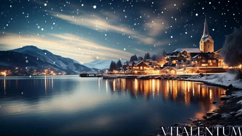 AI ART Winter Night in a Snowy Village - Captivating Harbor Views