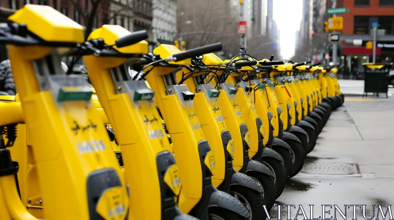 Yellow Scooters on Sidewalk: A Futuristic New York Cityscape AI Image