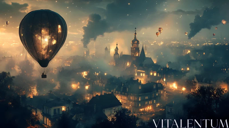 Balloon Ride Through the Foggy City AI Image