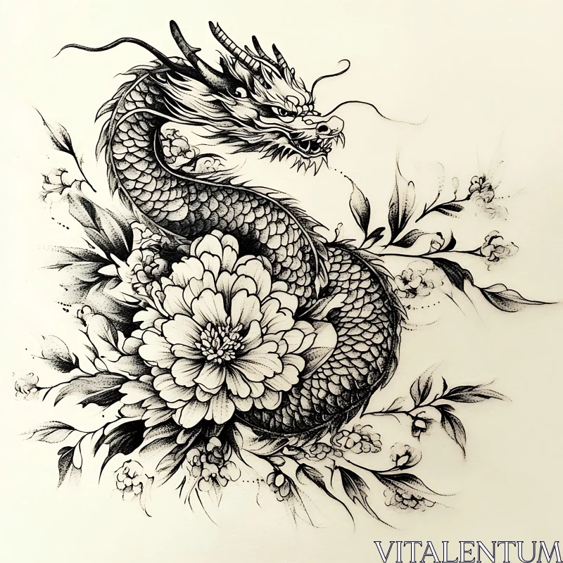 AI ART Monochrome Dragon with Flower Details