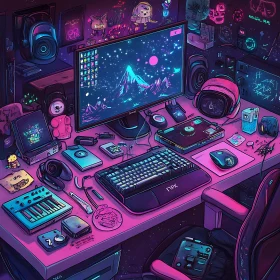 Futuristic Desk Setup in Cyberpunk Style