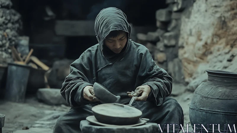 Man Working with Pottery in Rustic Setting AI Image