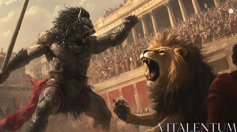 Ancient Arena: Gladiator and Lion Battle AI Image