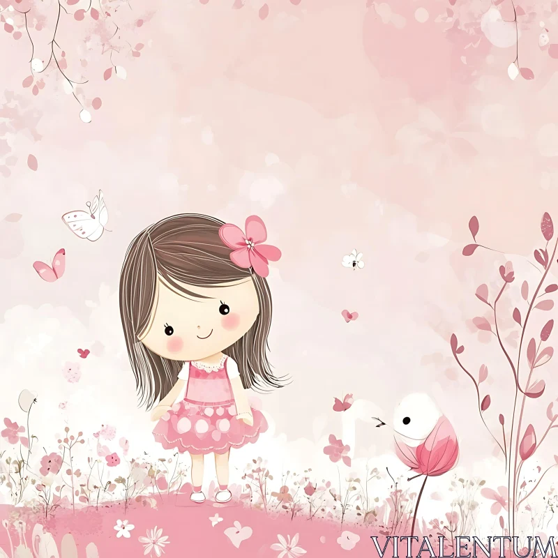 AI ART Cartoon Girl in Pink Floral Setting