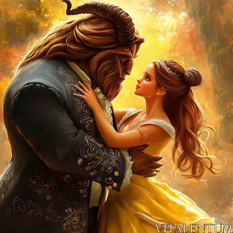 AI ART Belle and Her Beast: An Enchanted Embrace