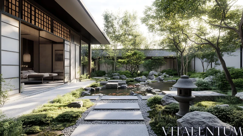 Harmonious Japanese Garden with Koi Pond and Stone Pathway AI Image