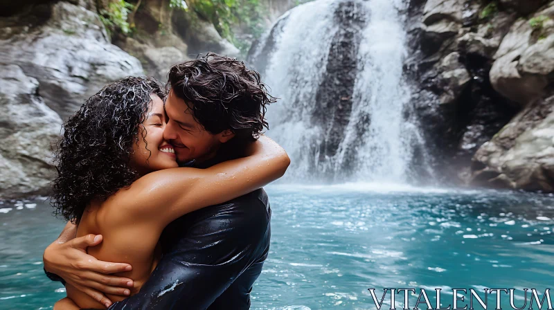 Couple's Waterfall Retreat: A Moment of Love AI Image