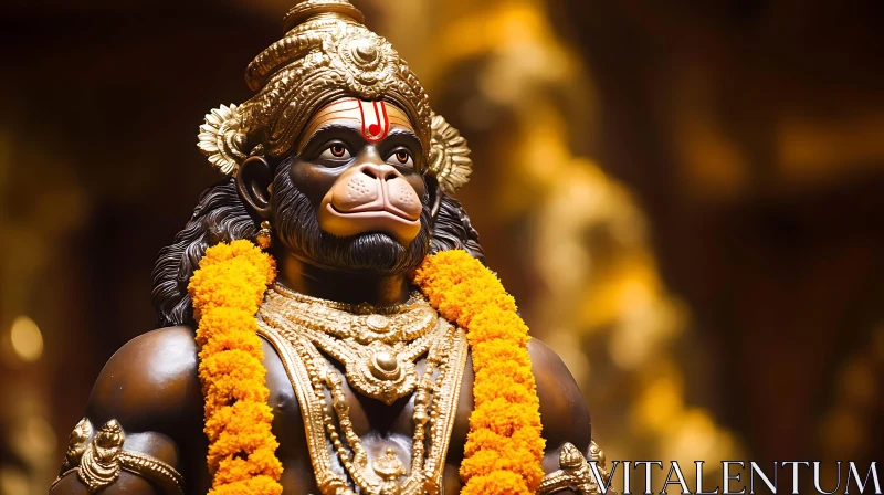 Statue of Hanuman with Orange Flowers AI Image