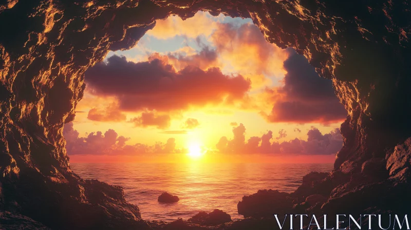 AI ART Sunset View from a Seaside Cave