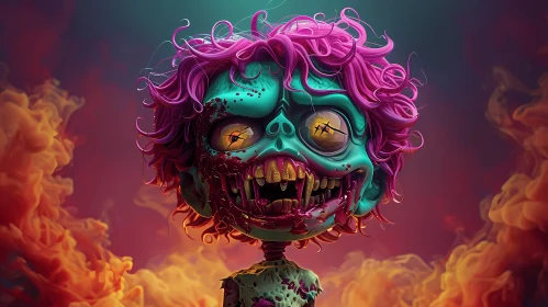 3D Cartoon Zombie Enflamed in Fiery Background