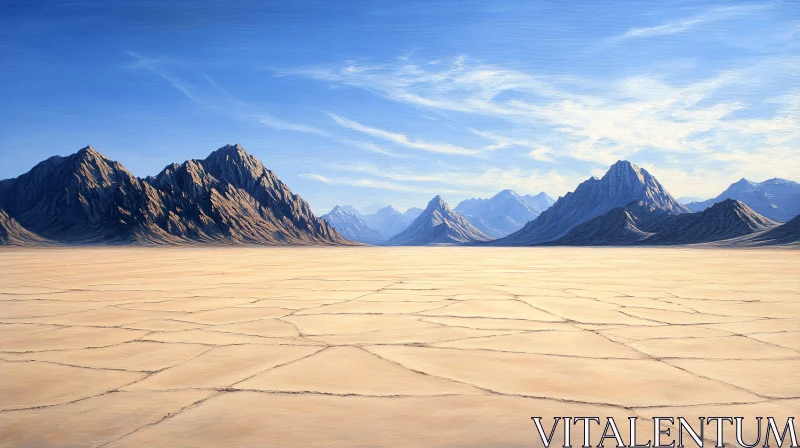 Vast Desert with Mountain Ranges and Cracked Ground AI Image