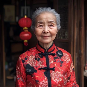 Serene Silver Haired Woman in Red Floral Dress