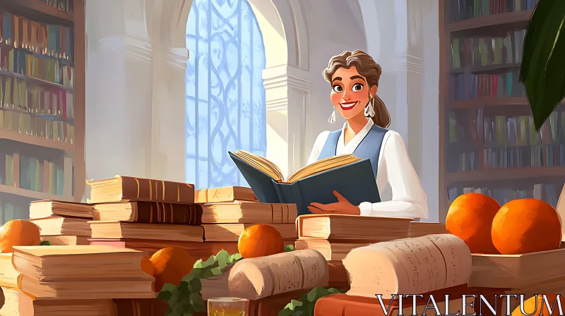 AI ART Lady immersed in literature with oranges