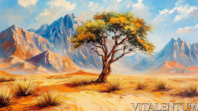 AI ART Lone Tree Amidst Desert Mountains