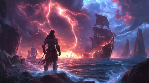 Warrior Watching Burning Ships at Sea