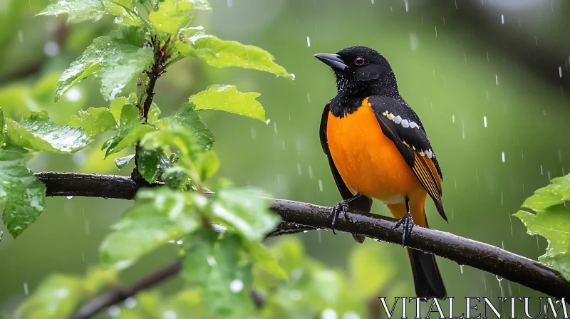 Oriole Bird on a Rainy Branch AI Image