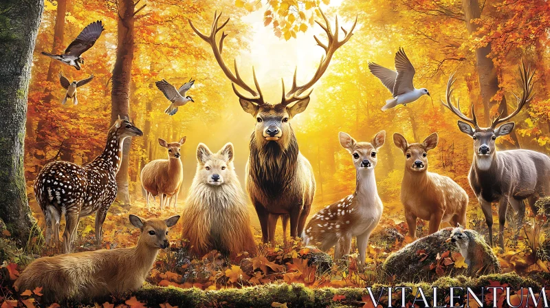 Golden Forest Gathering of Deer AI Image