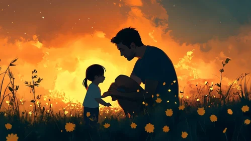 Sunset Field with Father and Child