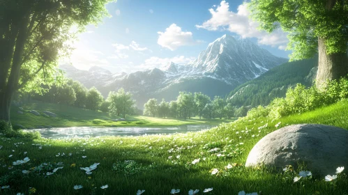 Peaceful Landscape with Snow-Capped Peaks and Flowered Meadow