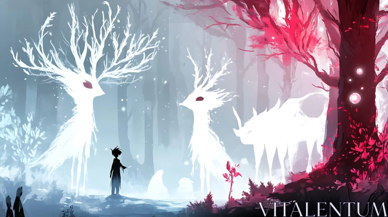 Child and Deer Spirits in Dreamlike Forest AI Image