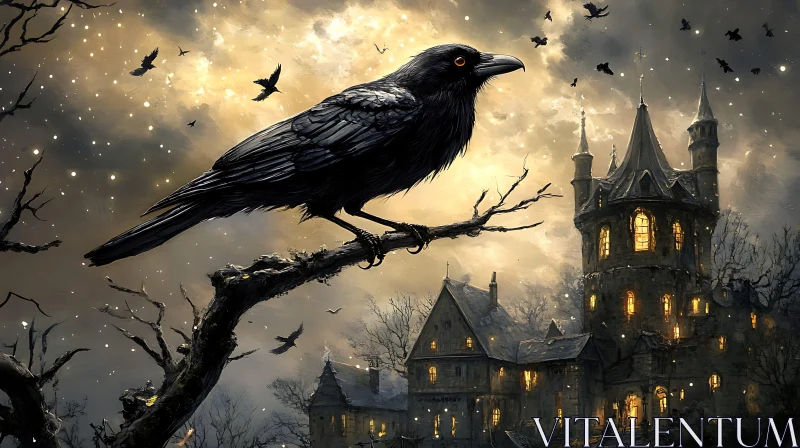 Night Raven over the Haunted Castle AI Image