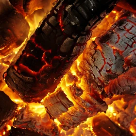 Fiery Wood and Embers in Close-Up