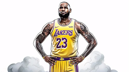 Illustrated Portrait of LeBron James in Lakers Uniform