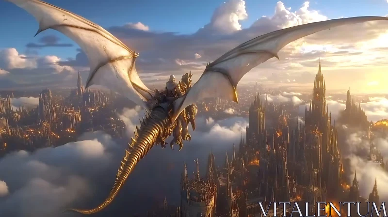 AI ART Fantasy Dragon and Rider Over City