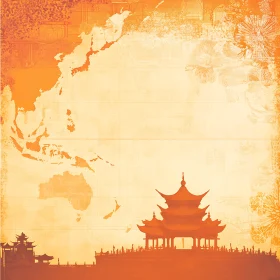 Antique Map with Asian Temple Silhouette