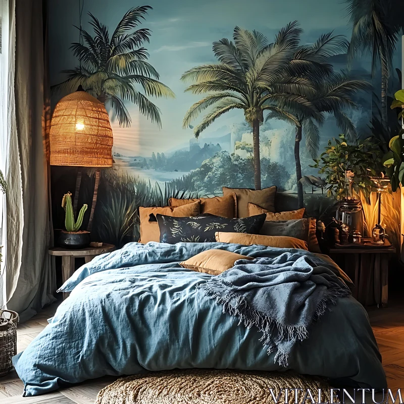 Tropical-Themed Bohemian Bedroom Interior AI Image