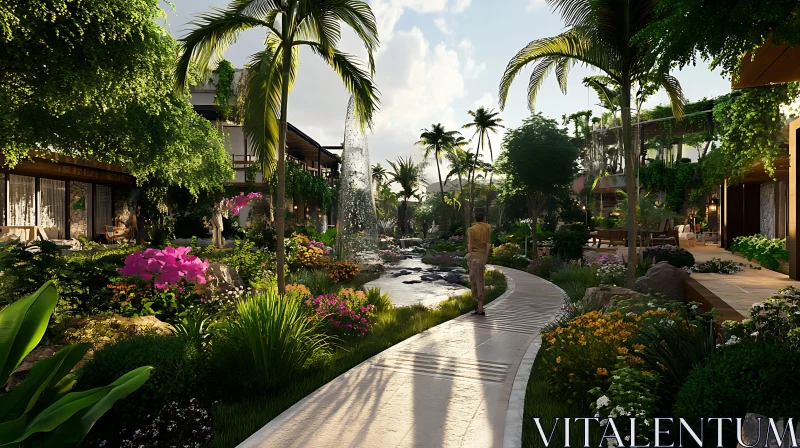 Peaceful Garden Setting with Fountain and Pathway AI Image