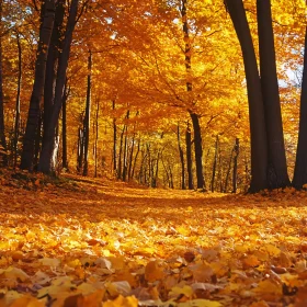 Autumnal Forest Path with Golden Leaves